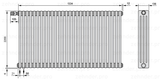 Схема (чертеж) Радиатор Zehnder Charleston 4220/29 №V001 Белый глянцевый RAL 9016